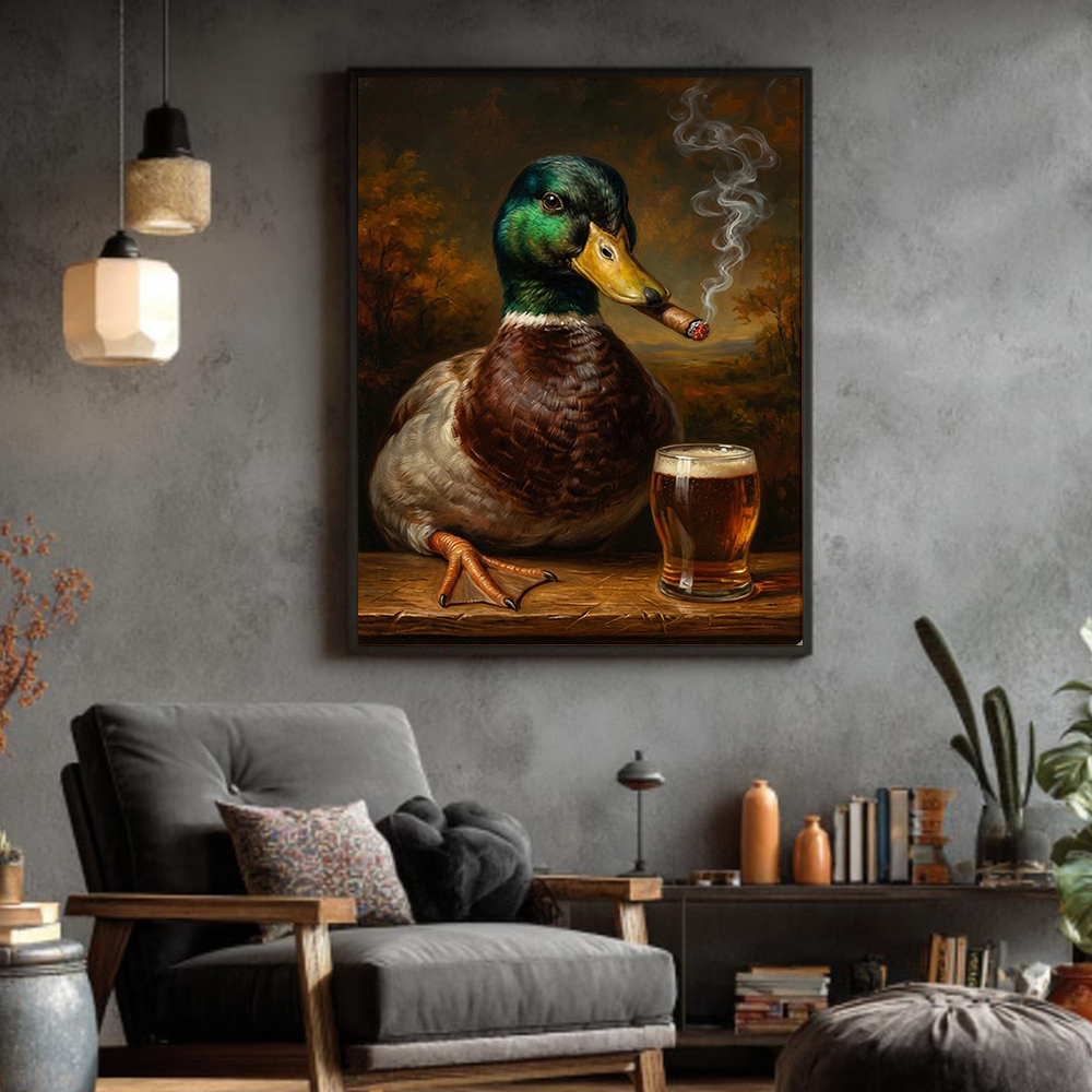 Funny Mallard Duck Smoking & Drinking Cocktail Canvas Wall Art – Rustic Hunting Decor Gift for Hunters & Cocktail Lovers