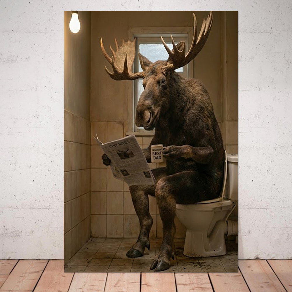 Funny Moose Bathroom Wall Art Canvas – Humorous Animal Reading Newspaper on Toilet, Rustic Hunting Lodge Decor Gift