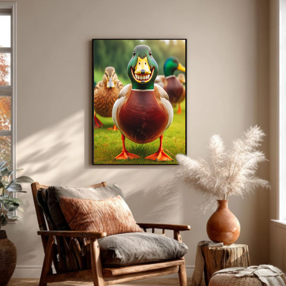 Funny Mallard Duck Grinning Canvas Wall Art – Humorous Hunting Lodge Decor Rustic Gift for Hunters & Cabin Man Cave