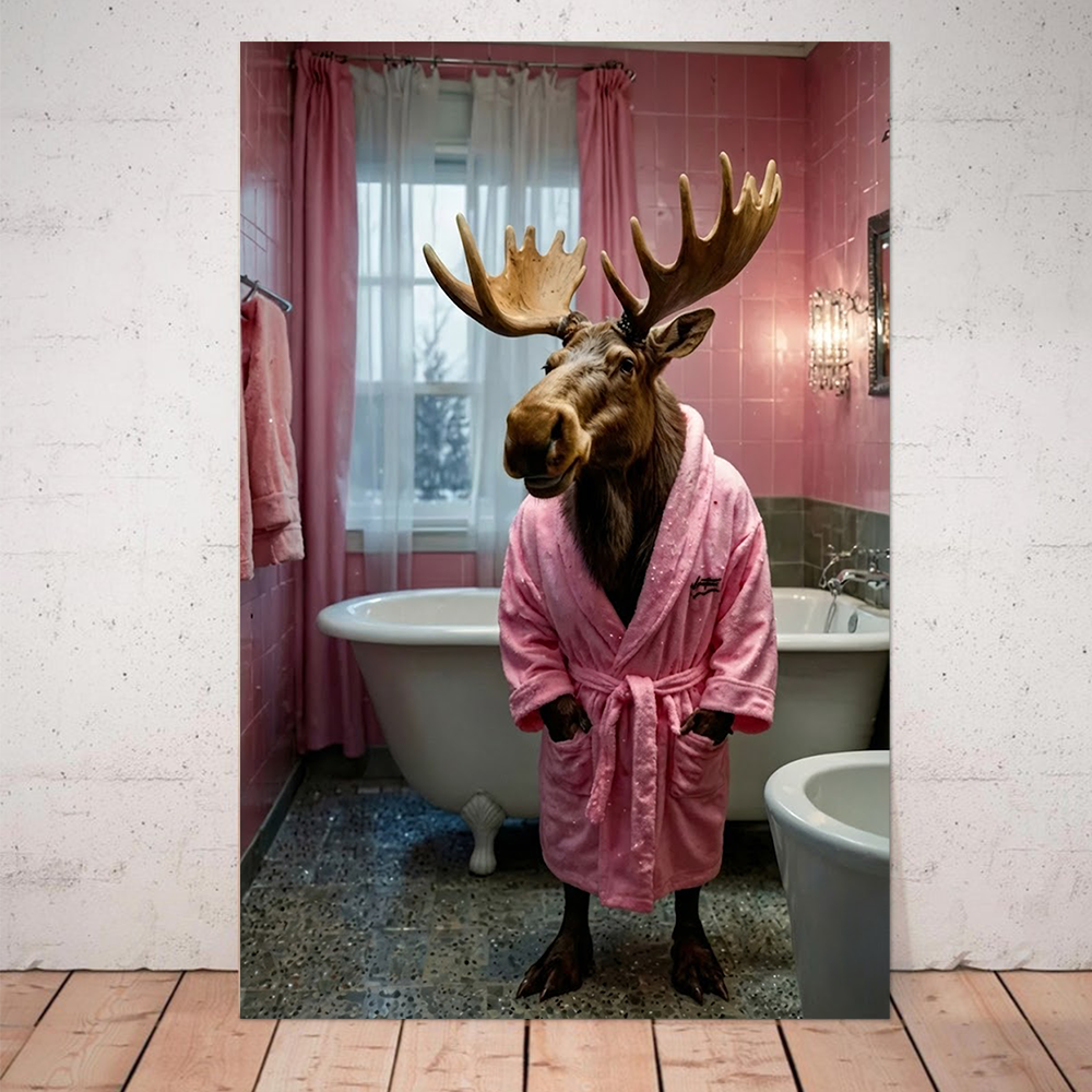 Funny Moose in Pink Bathrobe Canvas – Humorous Animal Bathroom Wall Art