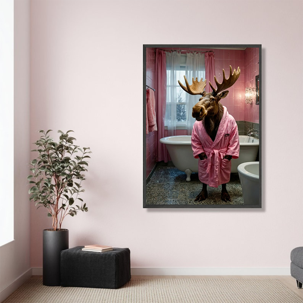 Funny Moose in Pink Bathrobe Canvas – Humorous Animal Bathroom Wall Art