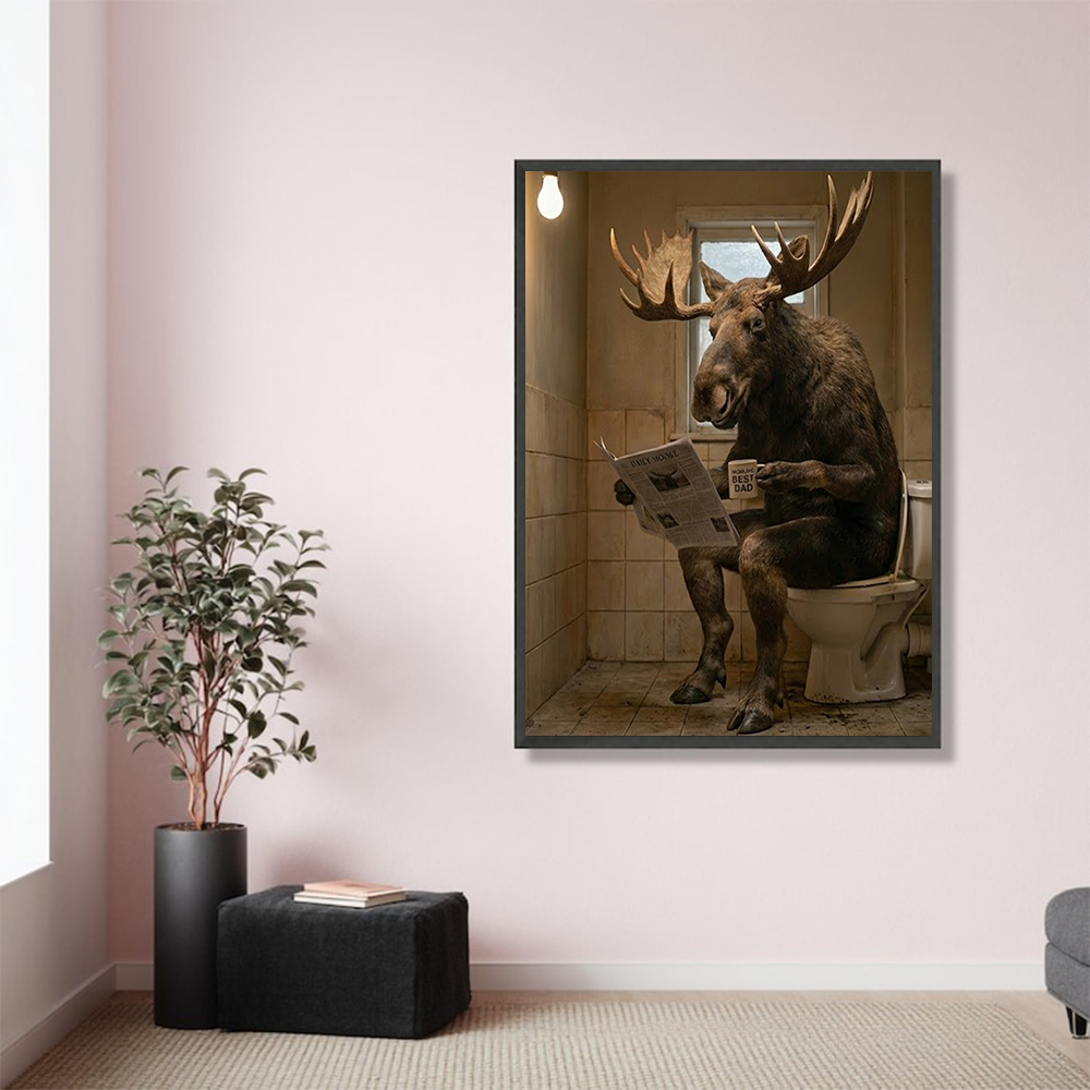 Funny Moose Bathroom Wall Art Canvas – Humorous Animal Reading Newspaper on Toilet, Rustic Hunting Lodge Decor Gift