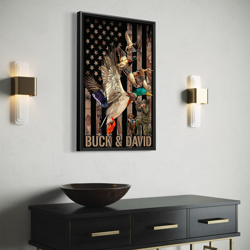 Personalized Duck Hunting Wall Art Canvas – Flying Mallard, American Flag Camo Background, Custom Name Waterfowl Hunter Gift for Dad, Husband