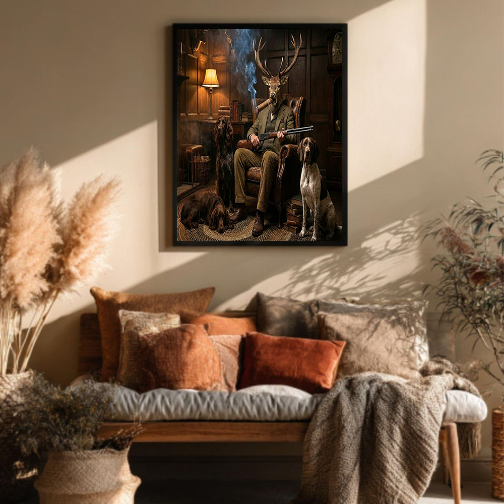 Retro Style Hunting Deer with Dogs Canvas Print – Funny Animal Wall Art, Rustic Home Decor Gift for Hunter Dad