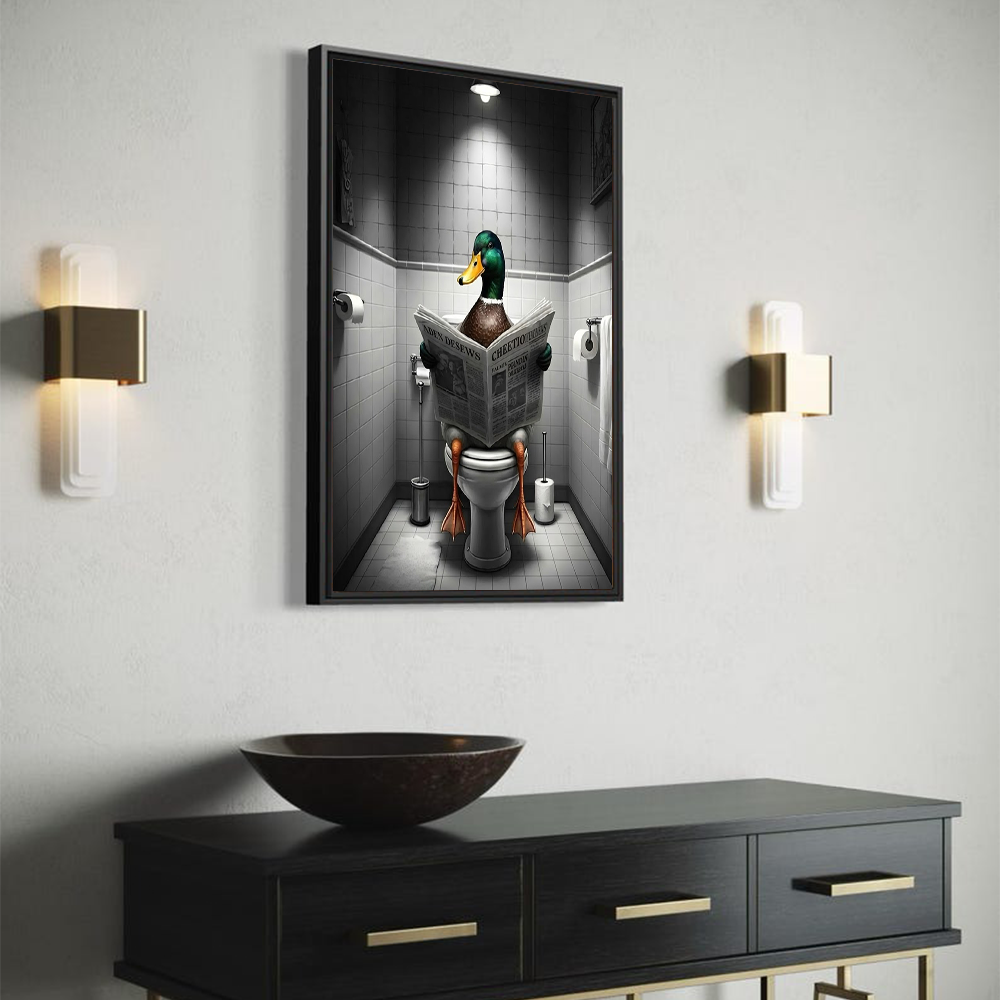 Funny Duck Bathroom Canvas Wall Art – Humorous Animal Toilet Decor for Bathroom, Restroom, Man Cave