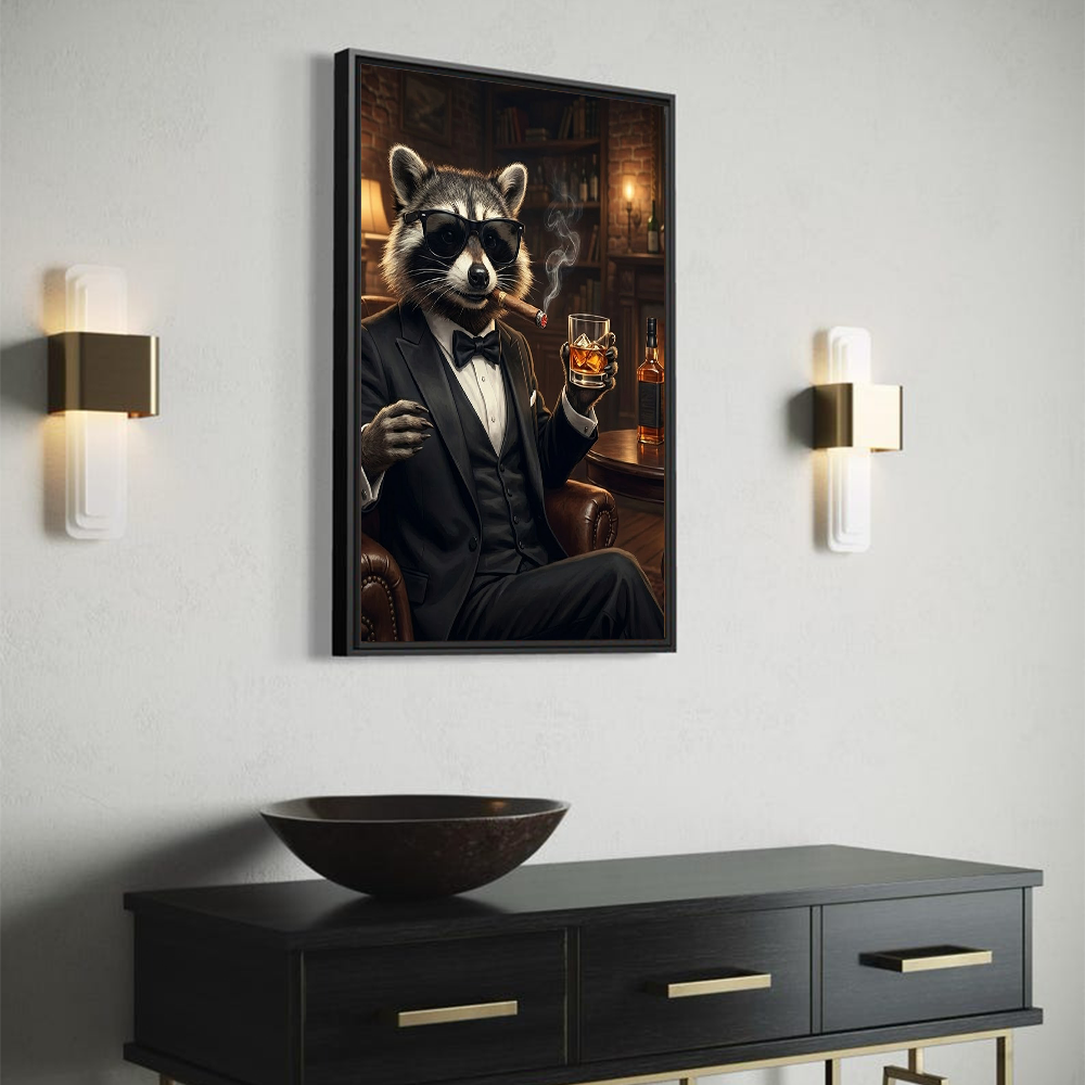 Funny Raccoon Gentleman Canvas Wall Art – Dapper Animal Man Cave Bar Decor