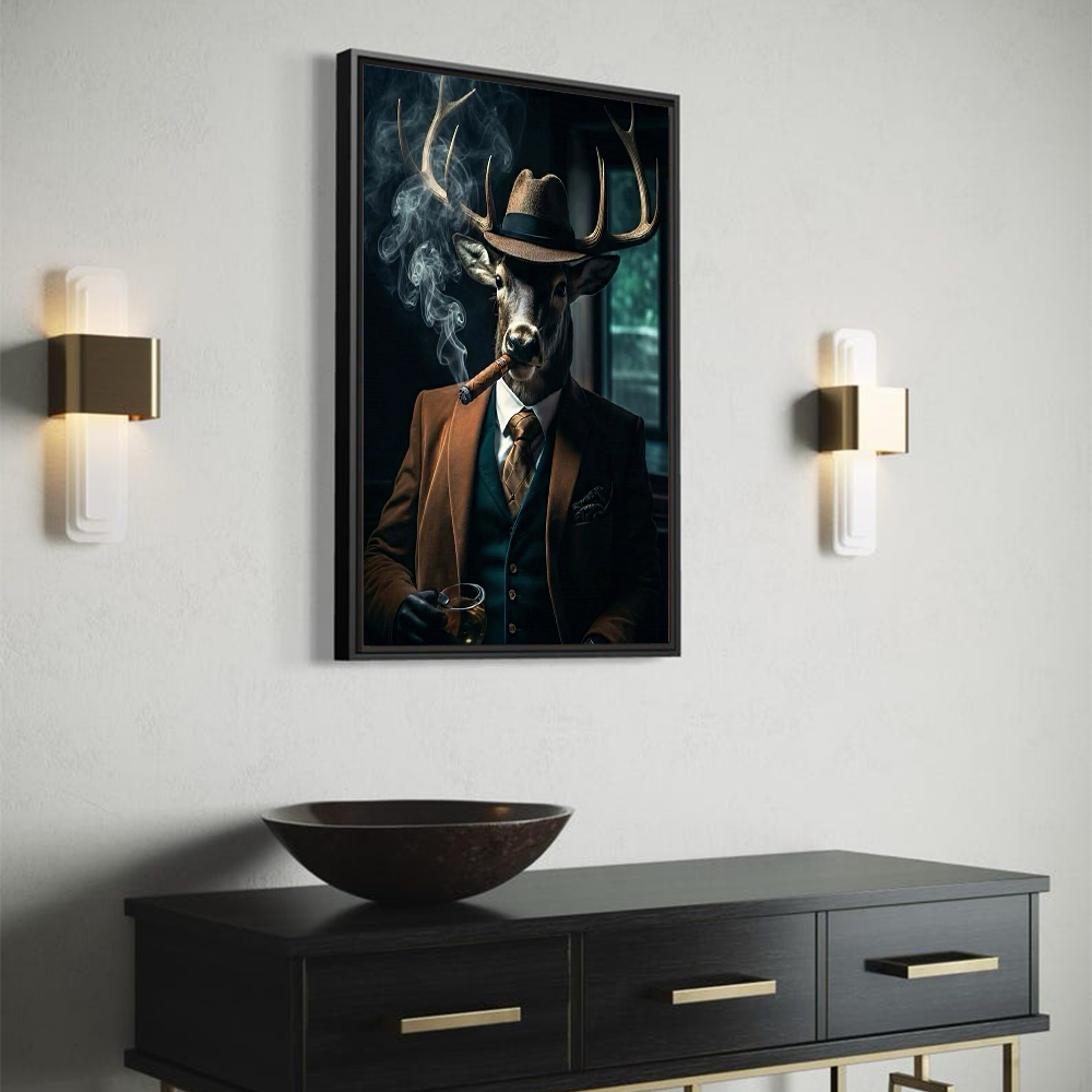 Gentleman Animal Wall Art – Deer in Suit Smoking Cigar Canvas Print