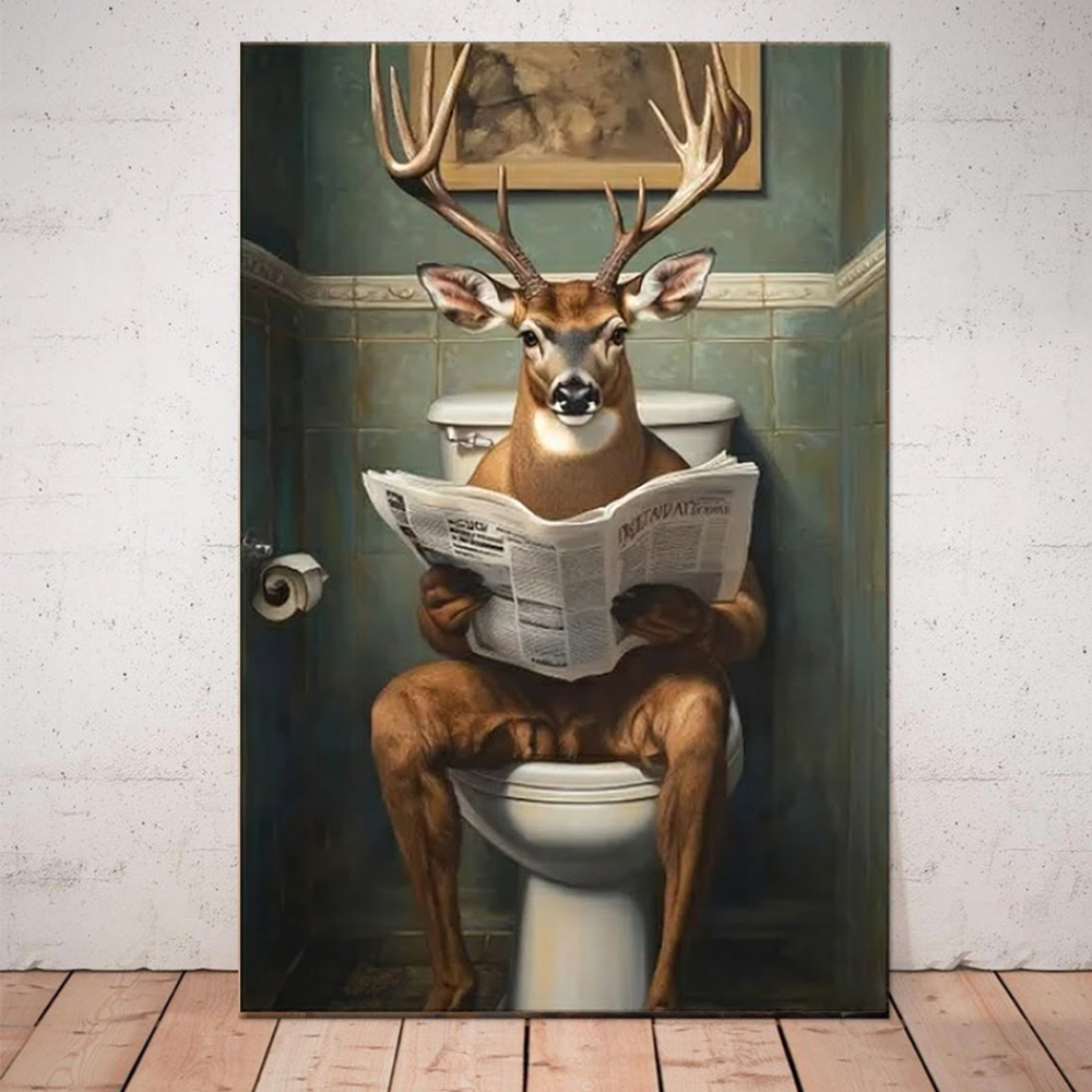 Deer on Toilet Reading Newspaper Wall Art – Funny Animal Bathroom Decor, Printable Canvas Art, Large Rustic Bathroom Humor Print