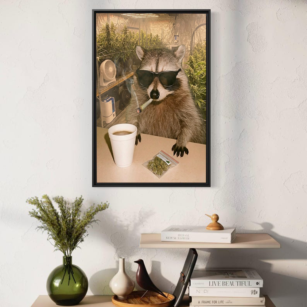 Funny Raccoon Wall Art Smoking Herbs in Greenhouse – Humorous Animal Canvas Decor for Man Cave & Modern Home