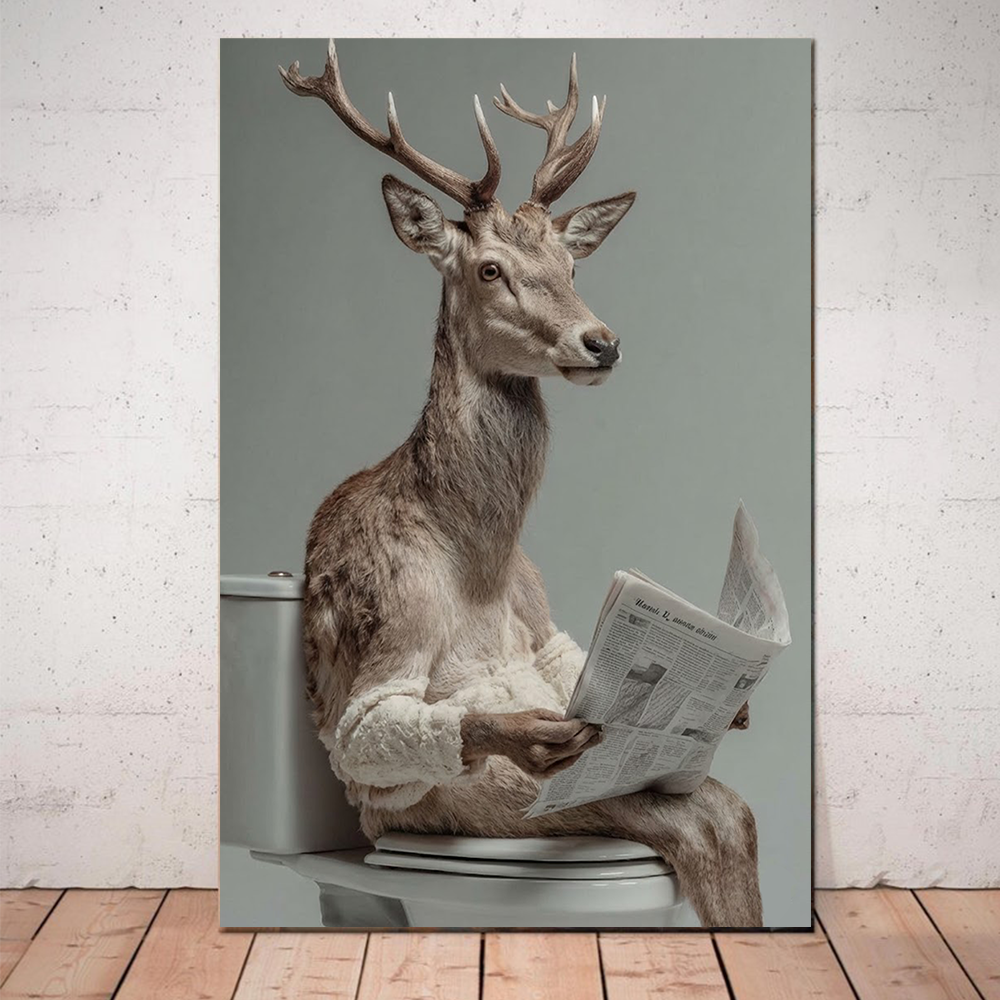 Funny Deer on Toilet Canvas Wall Art – Hyperrealistic Animal Bathroom Decor, Quirky Reading Deer Wildlife Canvas