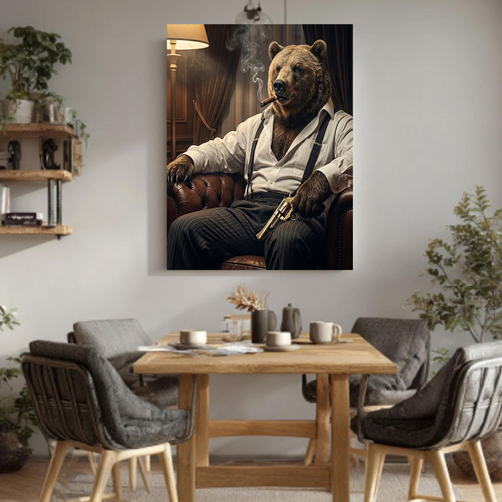 Boss Bear Canvas Wall Art – Masculine Animal Portrait, Powerful Bear Art for Men’s Lounge, Office & Man Cave Decor