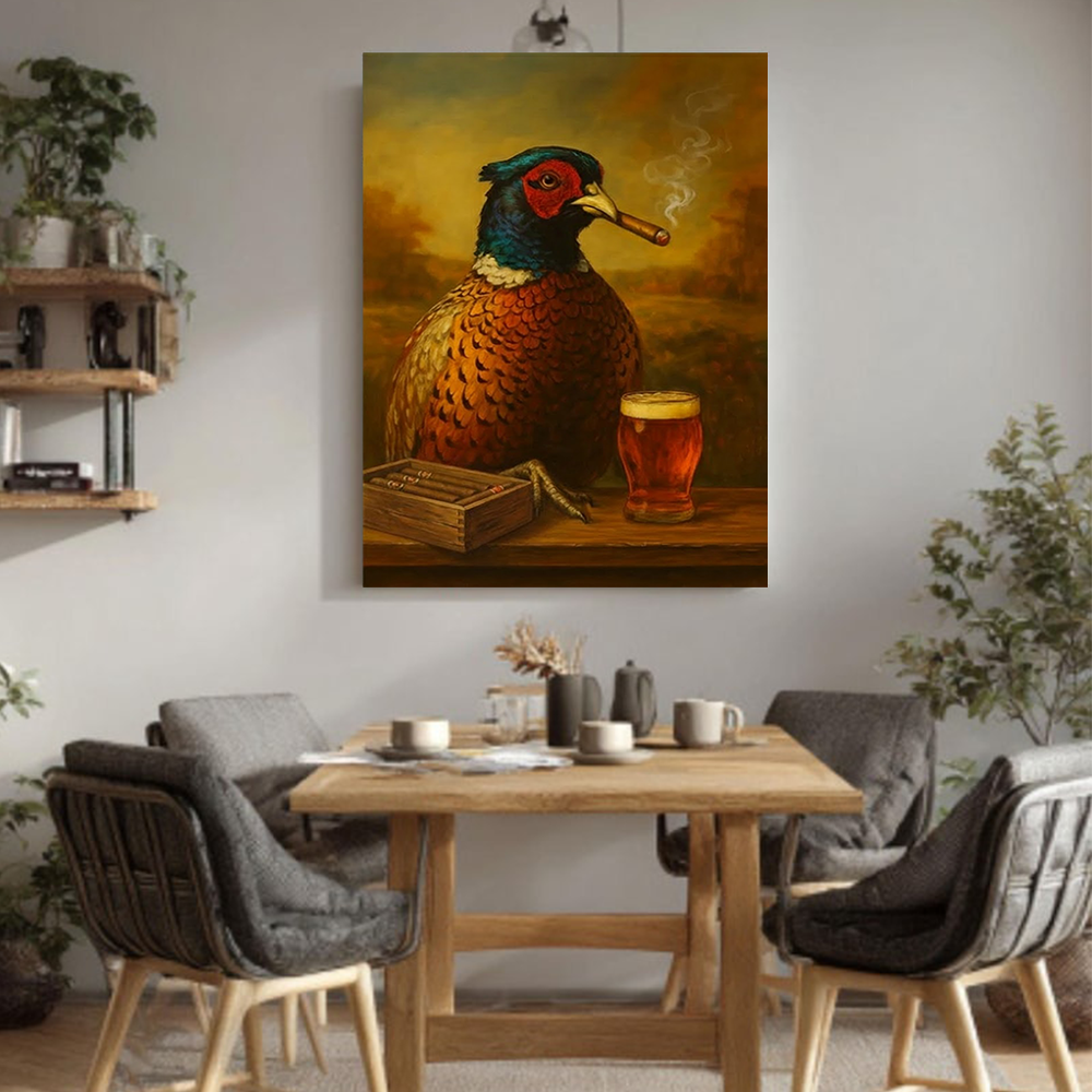 Funny Pheasant Smoking with Cocktail Glasses Canvas Wall Art – Hunting Lodge Decor, Unique Gift for Hunters & Cocktail Lovers