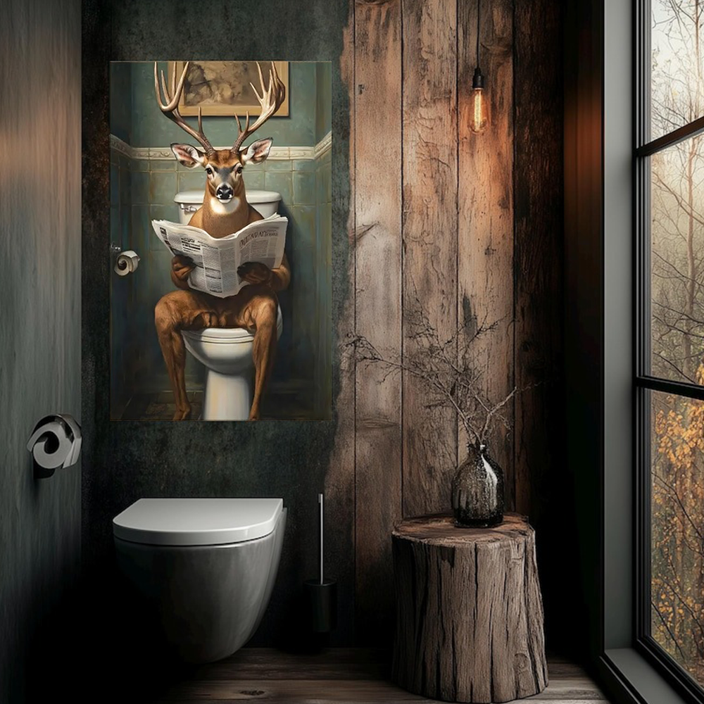 Deer on Toilet Reading Newspaper Wall Art – Funny Animal Bathroom Decor, Printable Canvas Art, Large Rustic Bathroom Humor Print