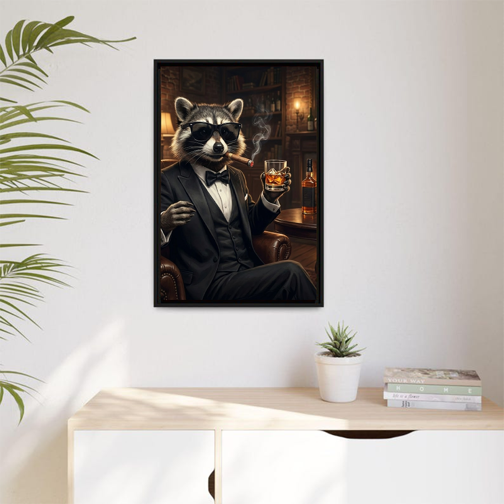 Funny Raccoon Gentleman Canvas Wall Art – Dapper Animal Man Cave Bar Decor