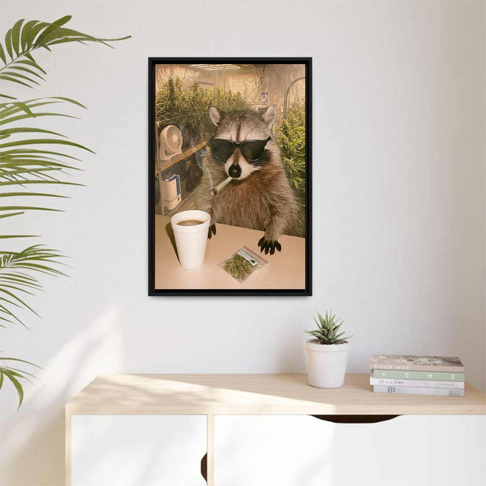Funny Raccoon Wall Art Smoking Herbs in Greenhouse – Humorous Animal Canvas Decor for Man Cave & Modern Home