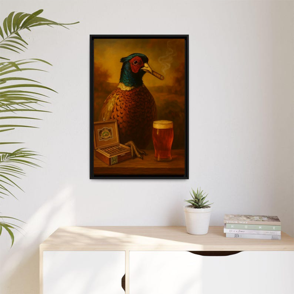 Funny Pheasant Canvas Wall Art – Hunting Lodge Decor & Cocktail Lover Gift