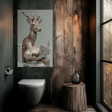 Funny Deer on Toilet Canvas Wall Art – Hyperrealistic Animal Bathroom Decor, Quirky Reading Deer Wildlife Canvas