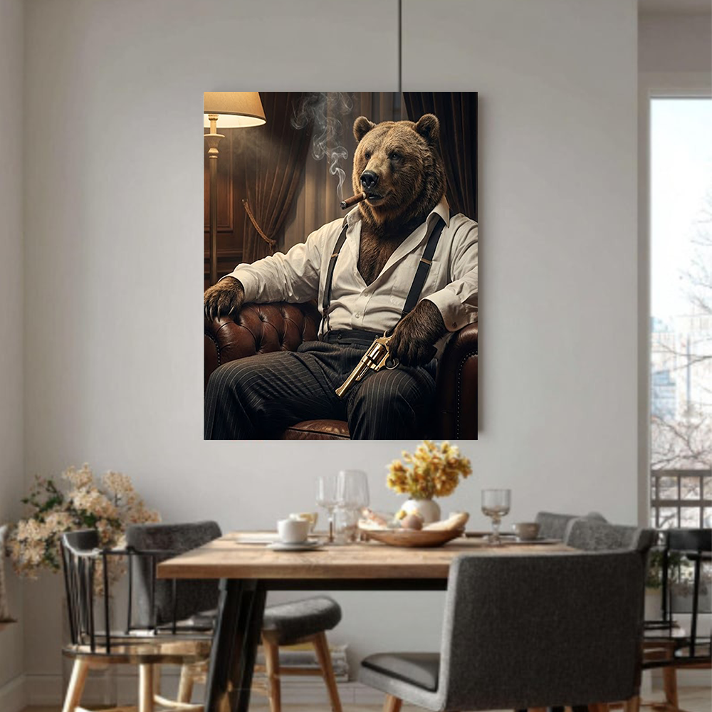 Boss Bear Canvas Wall Art – Masculine Animal Portrait, Powerful Bear Art for Men’s Lounge, Office & Man Cave Decor