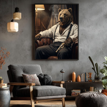 Boss Bear Canvas Wall Art – Masculine Animal Portrait, Powerful Bear Art for Men’s Lounge, Office & Man Cave Decor