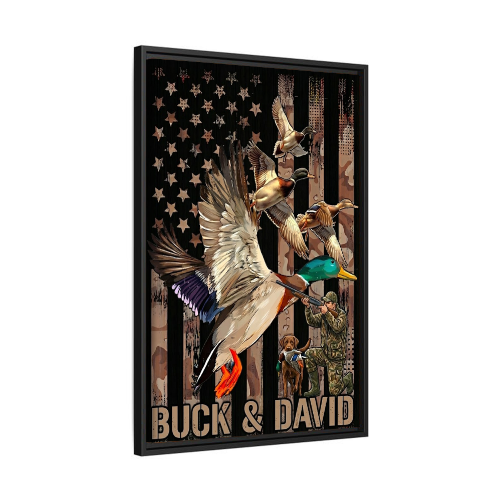 Personalized Duck Hunting Wall Art Canvas – Flying Mallard, American Flag Camo Background, Custom Name Waterfowl Hunter Gift for Dad, Husband