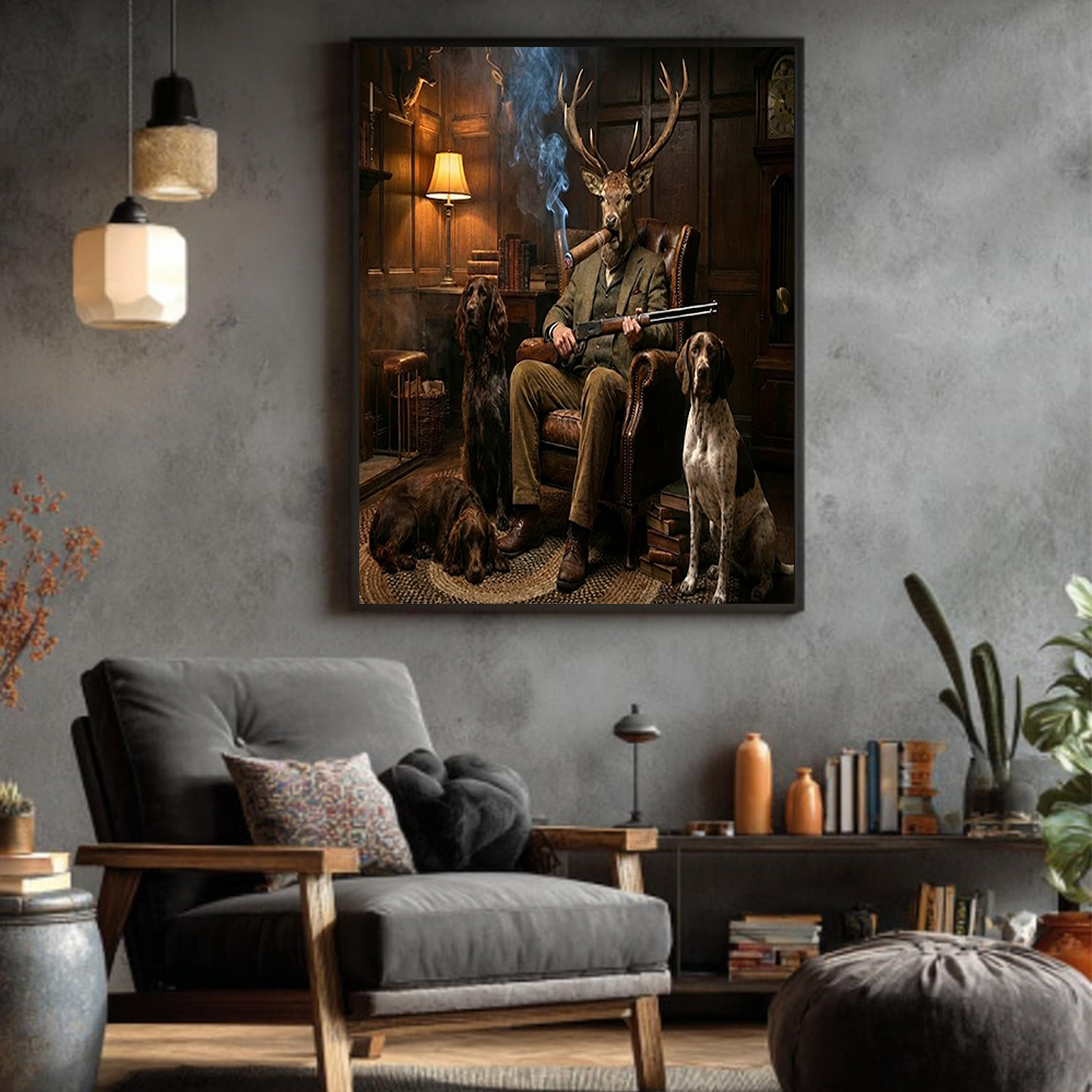 Retro Style Hunting Deer with Dogs Canvas Print – Funny Animal Wall Art, Rustic Home Decor Gift for Hunter Dad