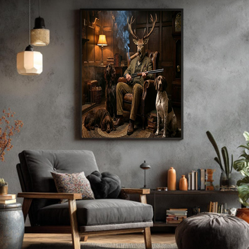 Retro Style Hunting Deer with Dogs Canvas Print – Funny Animal Wall Art, Rustic Home Decor Gift for Hunter Dad