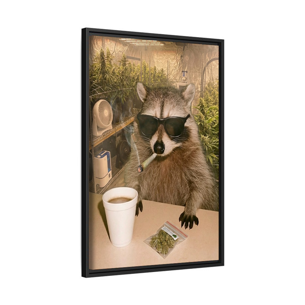 Funny Raccoon Wall Art Smoking Herbs in Greenhouse – Humorous Animal Canvas Decor for Man Cave & Modern Home
