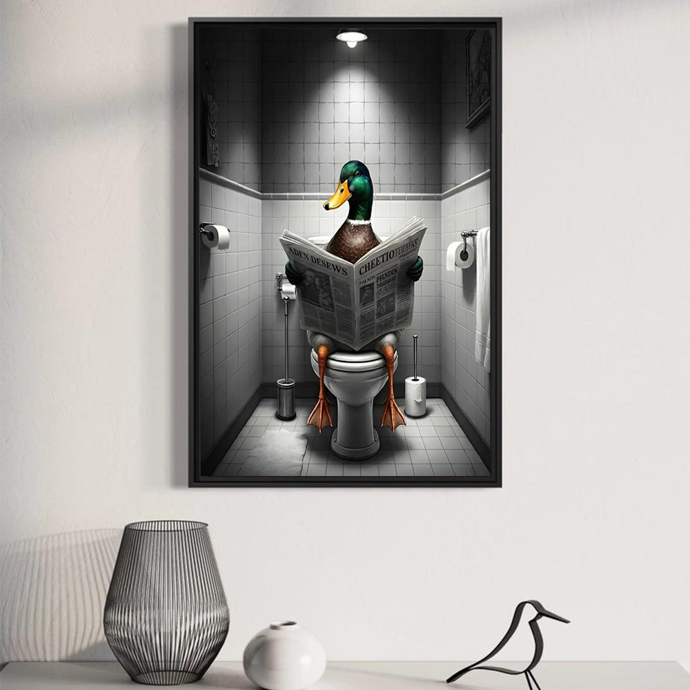 Funny Duck Bathroom Canvas Wall Art – Humorous Animal Toilet Decor for Bathroom, Restroom, Man Cave