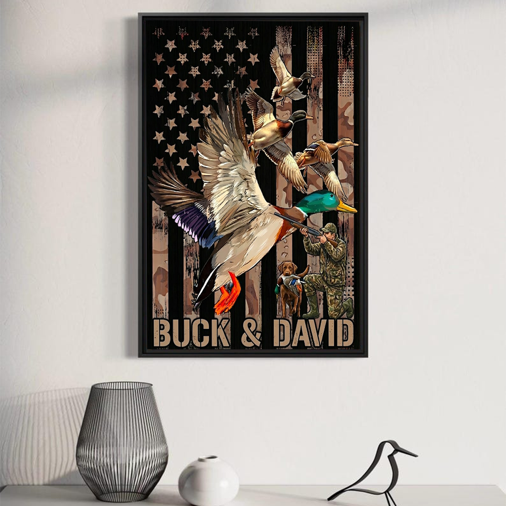 Personalized Duck Hunting Wall Art Canvas – Flying Mallard, American Flag Camo Background, Custom Name Waterfowl Hunter Gift for Dad, Husband