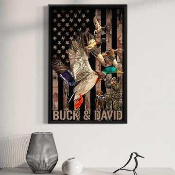 Personalized Duck Hunting Wall Art Canvas – Flying Mallard, American Flag Camo Background, Custom Name Waterfowl Hunter Gift for Dad, Husband