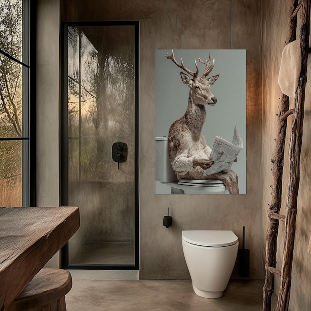 Funny Deer on Toilet Canvas Wall Art – Hyperrealistic Animal Bathroom Decor, Quirky Reading Deer Wildlife Canvas