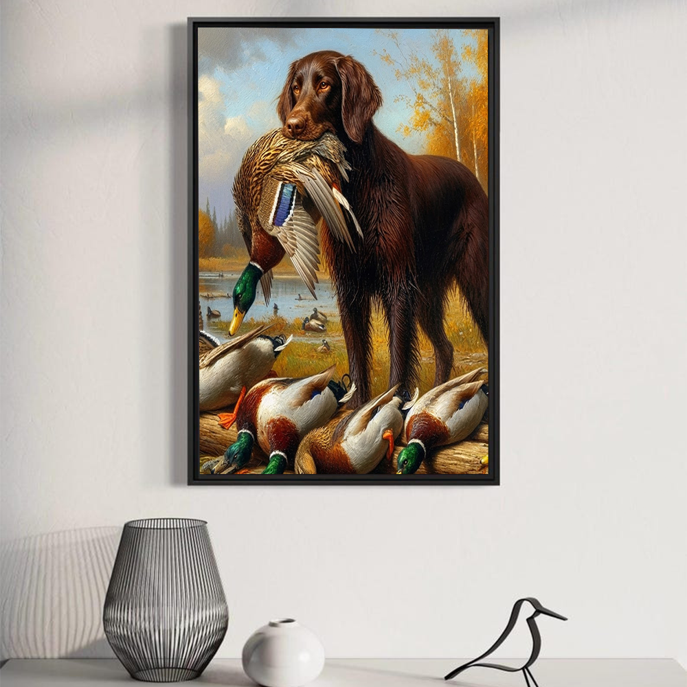 Duck Hunting Dog Canvas Wall Art – Retriever with Mallard Ducks, Vintage Hunting Lodge Decor