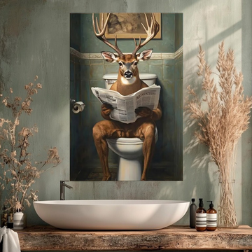Deer on Toilet Reading Newspaper Wall Art – Funny Animal Bathroom Decor, Printable Canvas Art, Large Rustic Bathroom Humor Print