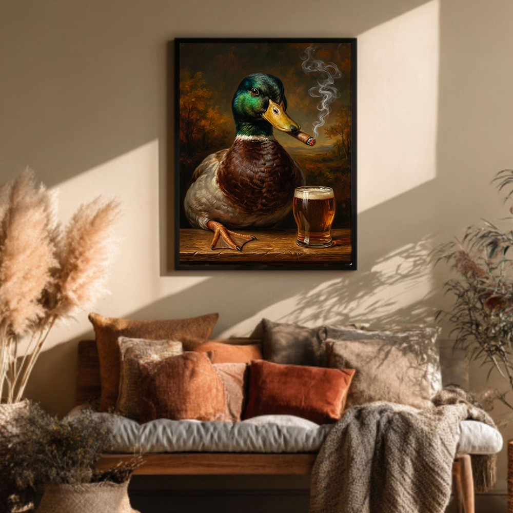Funny Mallard Duck Smoking & Drinking Cocktail Canvas Wall Art – Rustic Hunting Decor Gift for Hunters & Cocktail Lovers