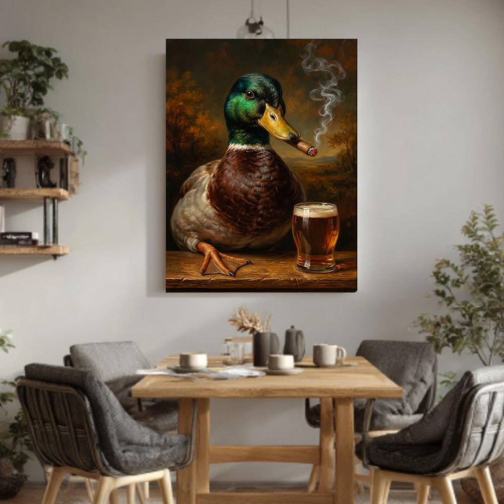 Funny Mallard Duck Smoking & Drinking Cocktail Canvas Wall Art – Rustic Hunting Decor Gift for Hunters & Cocktail Lovers