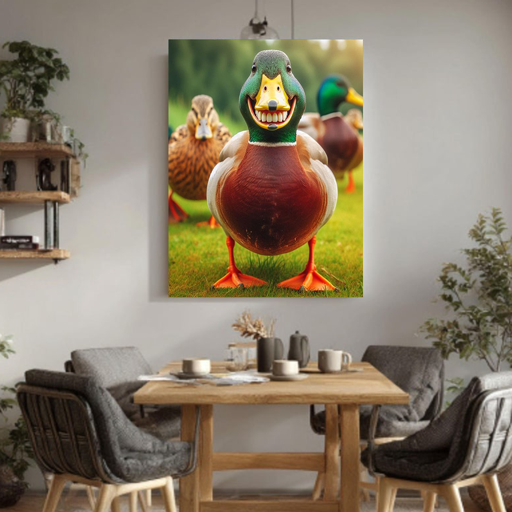 Funny Mallard Duck Grinning Canvas Wall Art – Humorous Hunting Lodge Decor Rustic Gift for Hunters & Cabin Man Cave