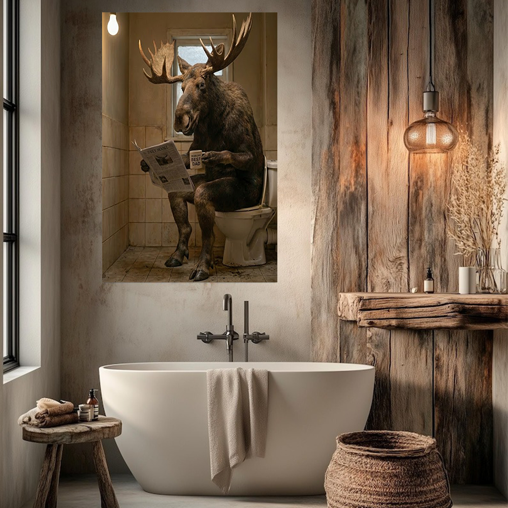 Funny Moose Bathroom Wall Art Canvas – Humorous Animal Reading Newspaper on Toilet, Rustic Hunting Lodge Decor Gift
