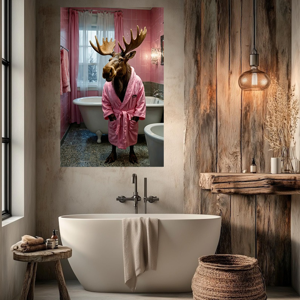 Funny Moose in Pink Bathrobe Canvas – Humorous Animal Bathroom Wall Art
